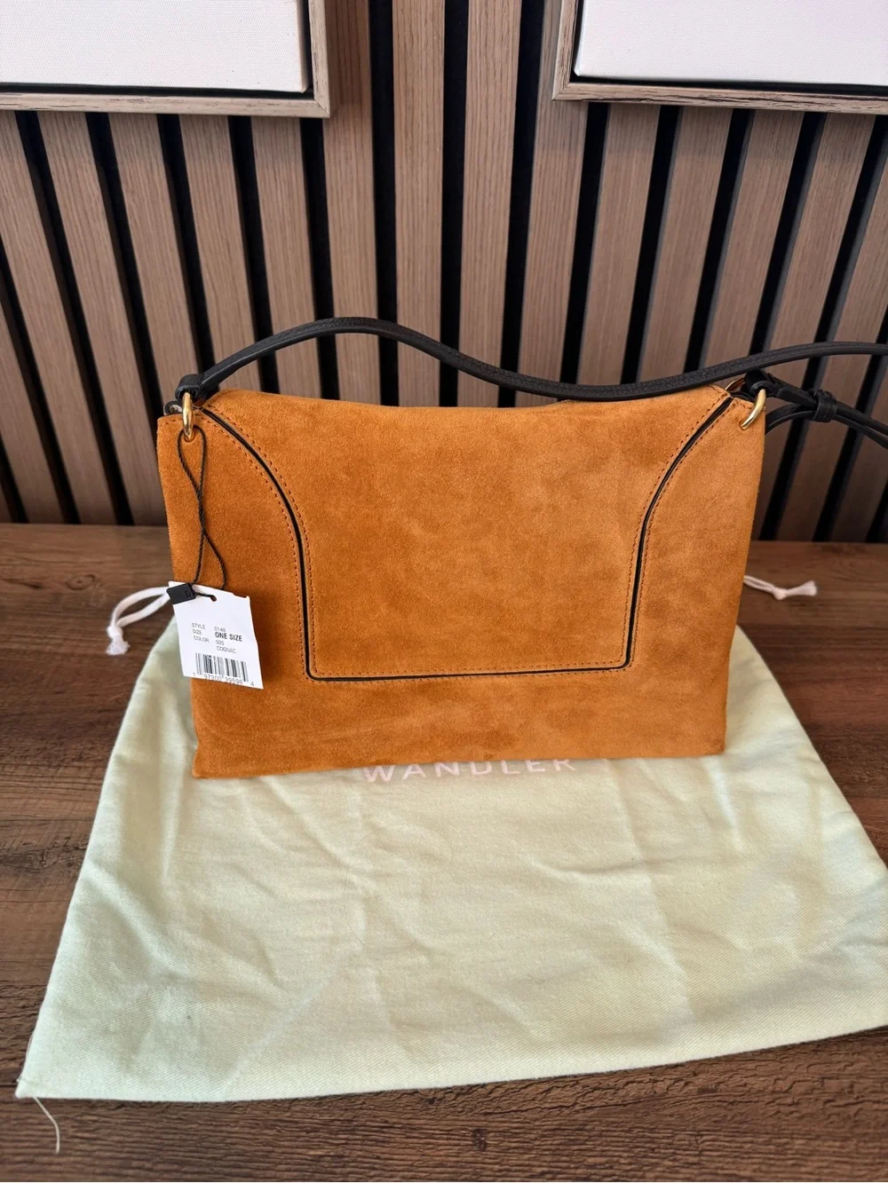 NWT Wandler Penelope Suede Cognac  Adjustable Crossbody Black leather strap